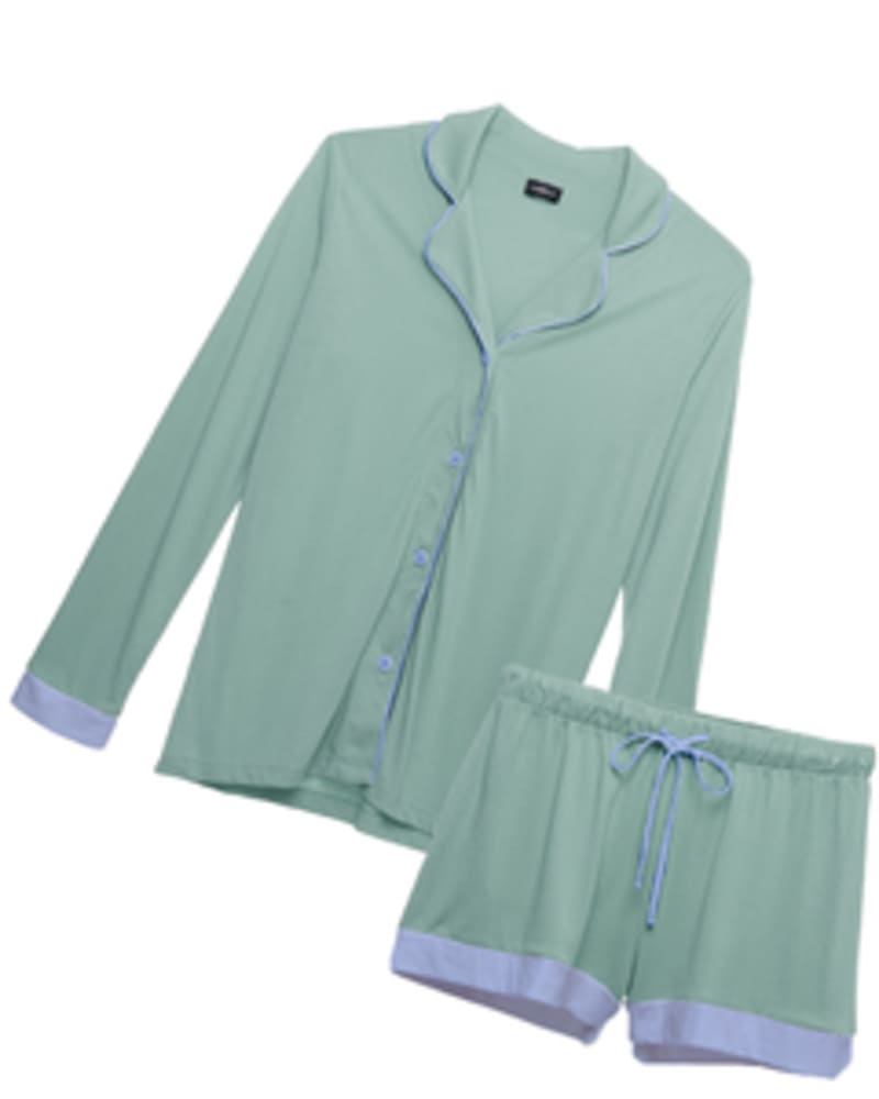 Front of a size 1X Long-Sleeve Top and Shorts Sleep Set in Dusty Basil / Riviera Blue by Cosabella. | dia_product_style_image_id:253647